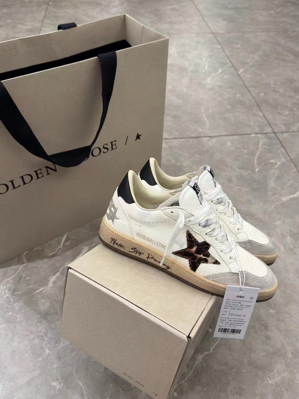 Golden Goose White Leather Low-Top Sneakers with Leopard Star and Black Heel Tab - Picture 4 of 9